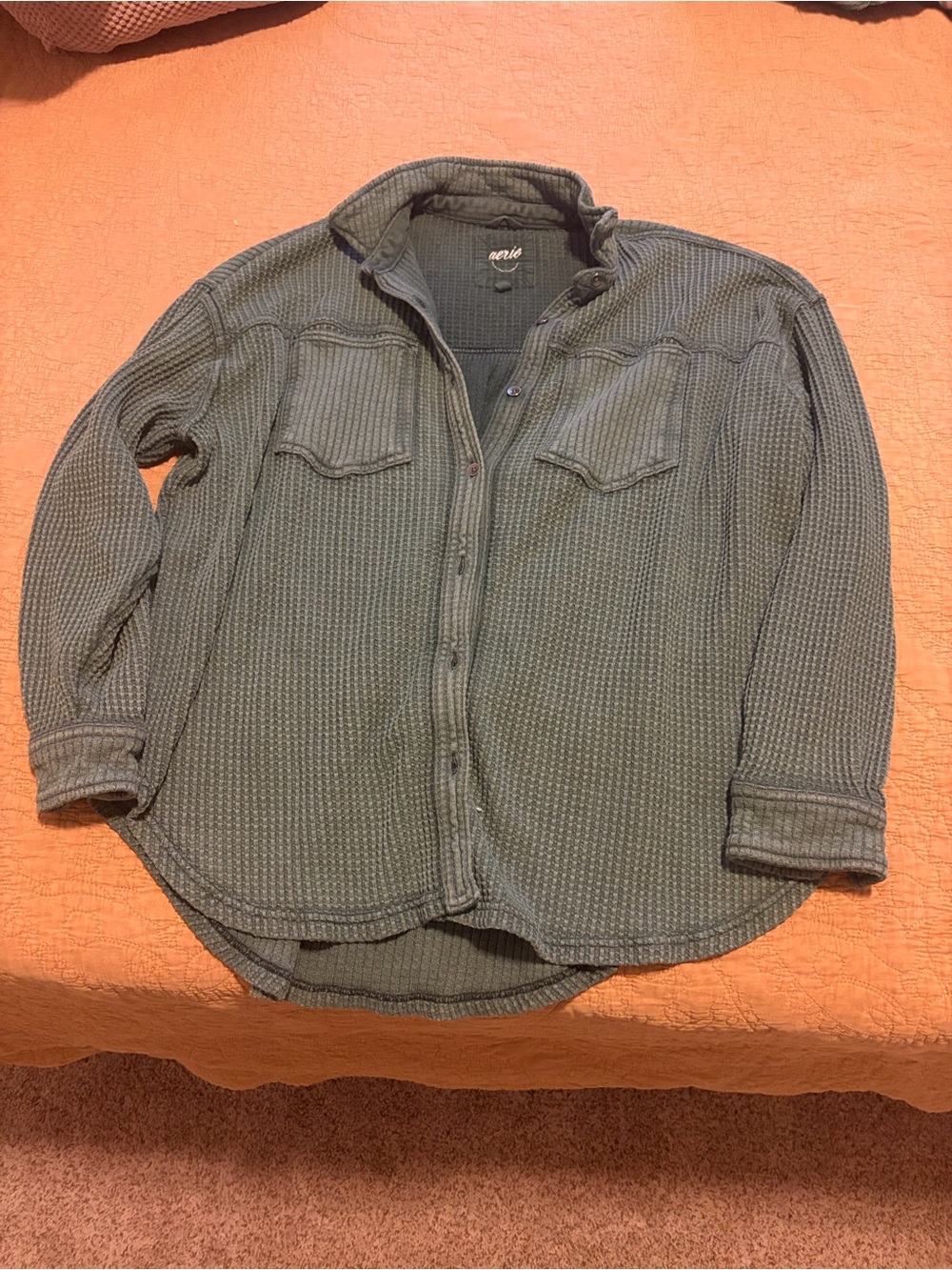 aerie Olive Green Waffle-Knit Button Cardigan